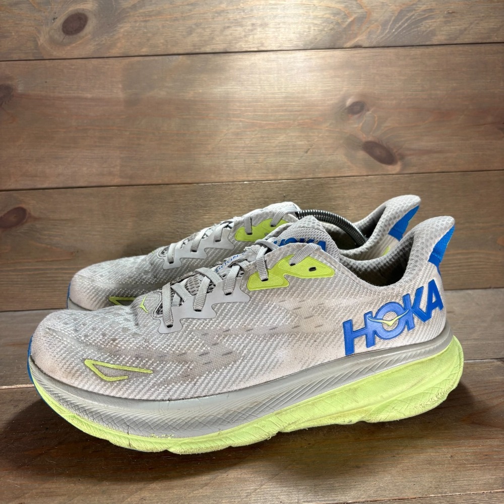 Hoka Clifton 9 Mens size 11 shoes Gray Mesh Neon Sole Running sneakers